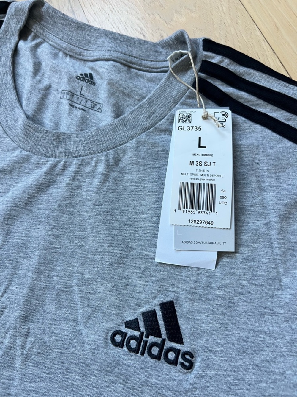 adidas Light Gray Heather Tee with Black 3-Stripes - Men’s L
